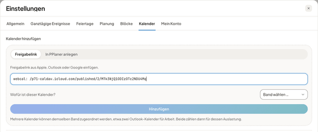 Einstellungen in PPlaner: Kalender hinzufügen mit eingefügtem Freigabelink von iCloud
